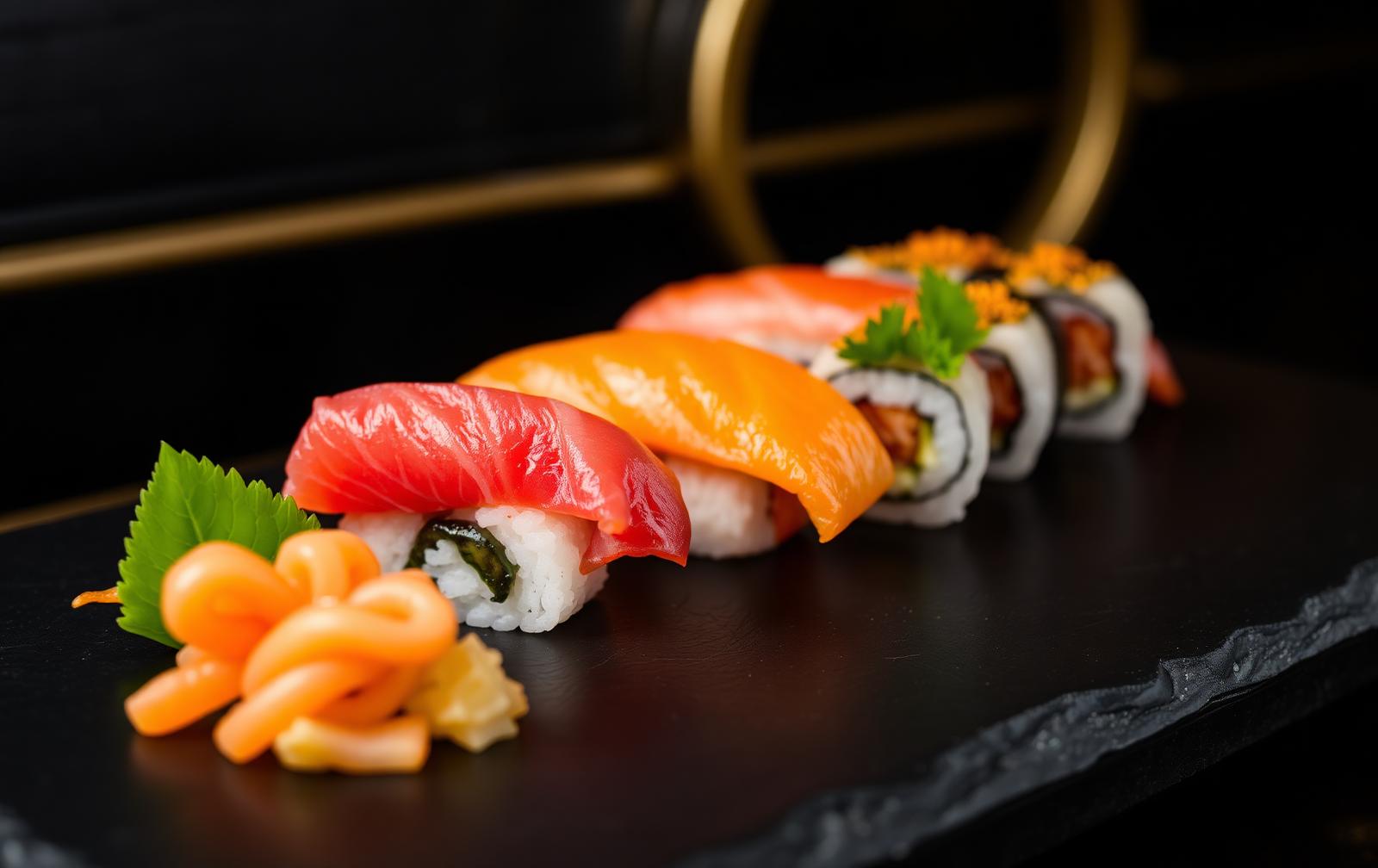 Nigiri y uramaki recién elaborados en la barra de Kampai